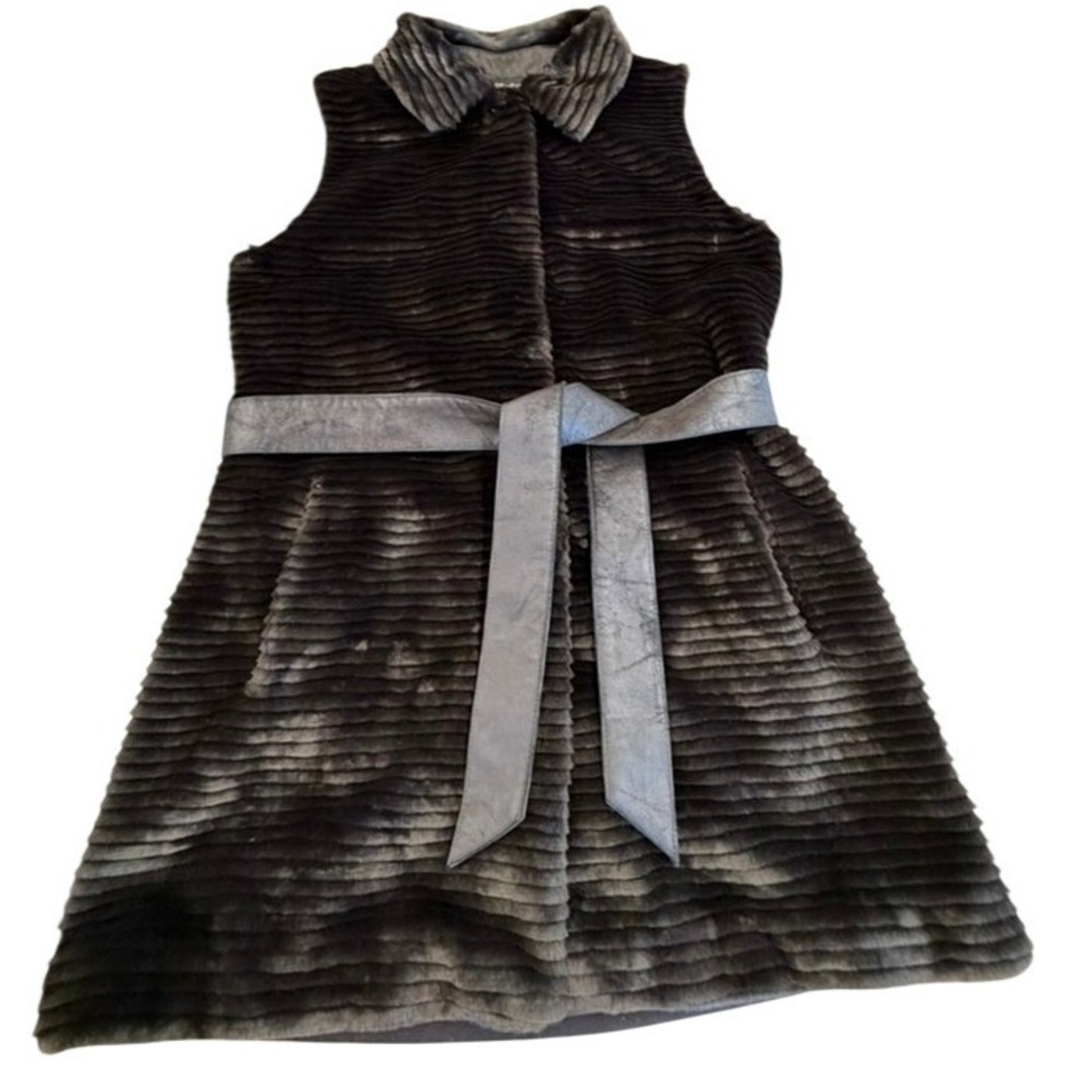 Grass Collection Brown Ribbed Faux Fur Belted Longline Vest SWYLAMBJ Womens M